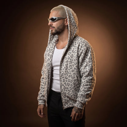 LEOPARD ZIP UP - LIGHT GRAY